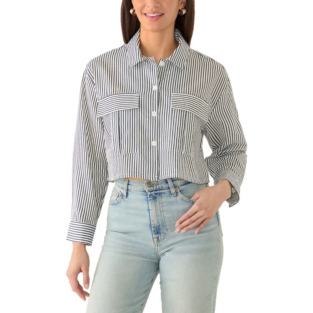 Cropped Striped Boxy Button Down Utility Shirt Blouse Long Sleeve